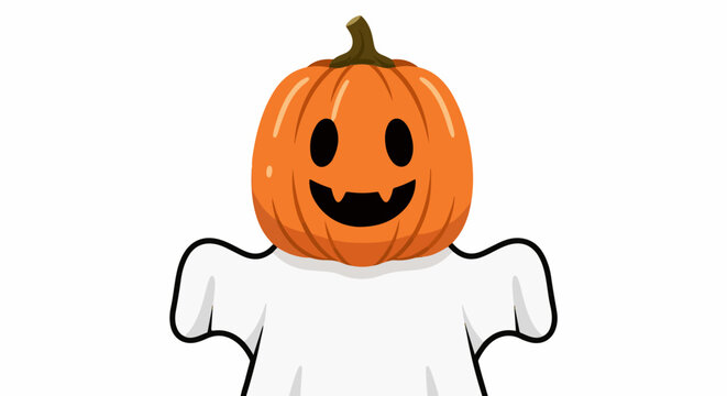 A cartoon ghost with a carved pumpkin for a head smiles