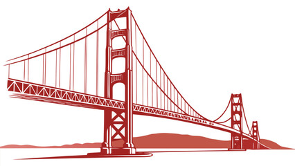 Fototapeta premium Vector illustration of a red stylized suspension bridge on water with architecture suspension landmark