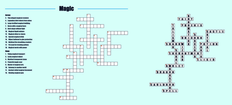 Crossword puzzle template with clues related to magic  