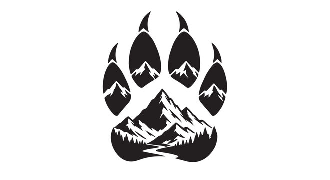 Abstract wolf paw icon merged with mountain landscape contours, premium monochrome vector composition, isolated white canvas, outdoor adventure branding artwork