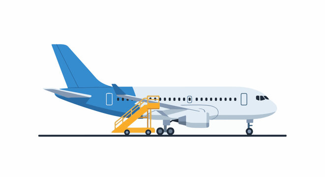 A blue and white jet airplane with an attached yellow mobile staircase on a dark surface