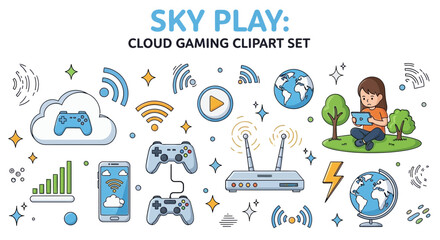 Fototapeta premium A comprehensive set of cloud gaming and internet technology clipart, featuring controllers, Wi-Fi, routers, and a person playing on a tablet.