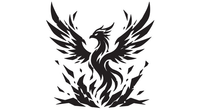 Fierce mythical phoenix with sharp wings and abstract fire details, luxury black and white emblem design.