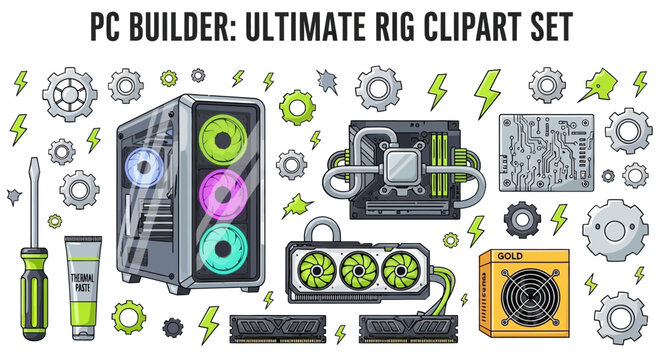A vibrant clipart set featuring various computer components for PC building, including a case, GPU, CPU cooler, RAM, and tools, surrounded by gears and lightning bolts.