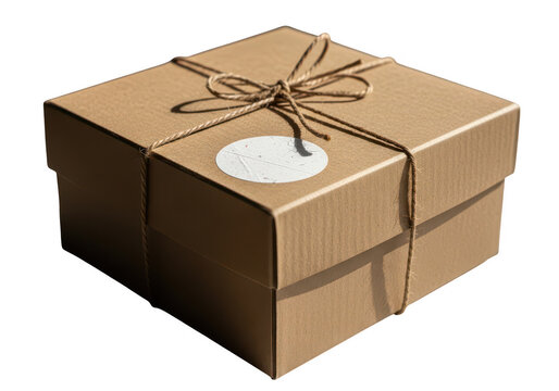 Small brown cardboard gift box wrapped with rustic twine string and a blank circular tag isolated on transparent background