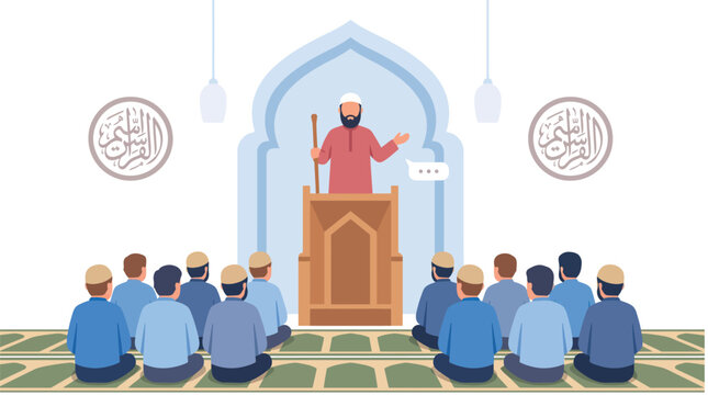 Muslim imam delivers a sermon to a group of men sitting on the mosque floor