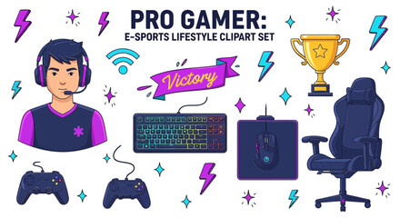 A vibrant e-sports lifestyle clipart set featuring a pro gamer, gaming equipment like a keyboard, mouse, chair, controllers, and victory symbols. © Faisal