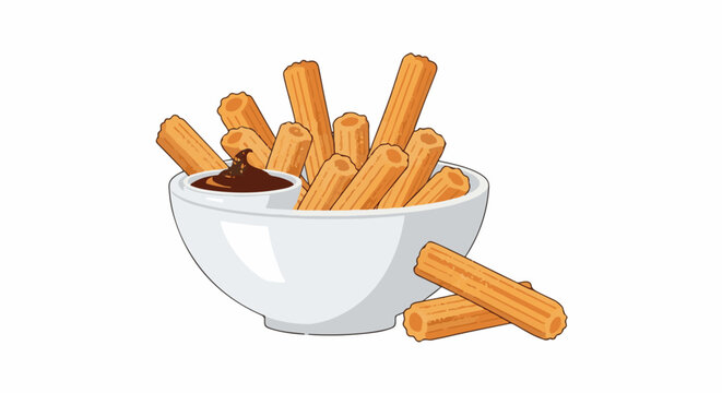 A bowl of golden churros with chocolate dip and scattered churros