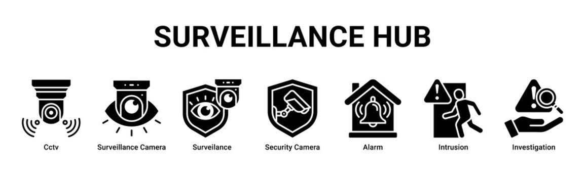 Surveillance Hub web banner icon vector illustration with icons of Cctv, Surveillance Camera, Surveilance, Security Camera, Alarm, Intrusion and Investigation