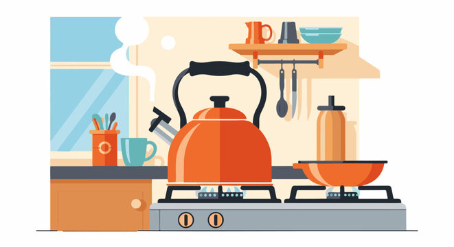 A bright kitchen scene with an orange kettle steaming on a stovetop