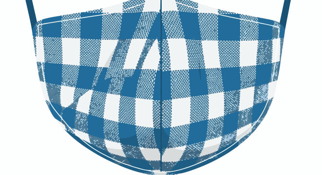 A blue and white checkered pattern covers a cloth face mask with straps