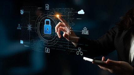Obraz premium Cyber security protects against breaches, hacks, and network attacks using strong infrastructure and proactive digital defense strategies. Latch