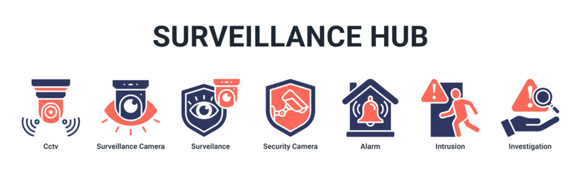 Surveillance Hub web banner icon vector illustration with icons of Cctv, Surveillance Camera, Surveilance, Security Camera, Alarm, Intrusion and Investigation