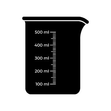 Black silhouette vector icon of a laboratory beaker with volume measurements from 100 ml to 500 ml isolated on a white background