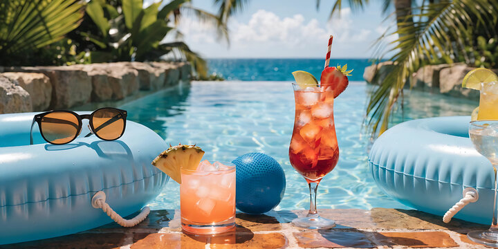 Tropical cocktails and summer accessories by a poolside on a sunny day
