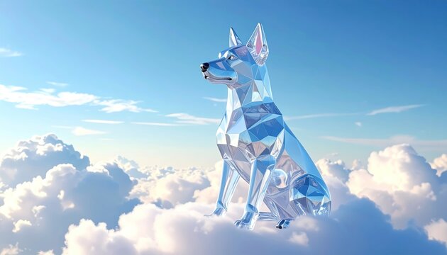 A polygonal, crystalline dog sits regally amongst fluffy clouds, light shining