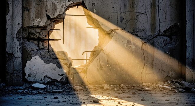 Damaged Concrete Wall With Broken Window and Sunlight Streaming Through