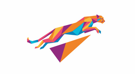 Colorful geometric cheetah leaping over triangle, abstract low poly animal design © Bakul