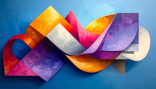 A colorful geometric pattern features a bright origami peace symbol on a textured red and green wooden backdrop with star elements
