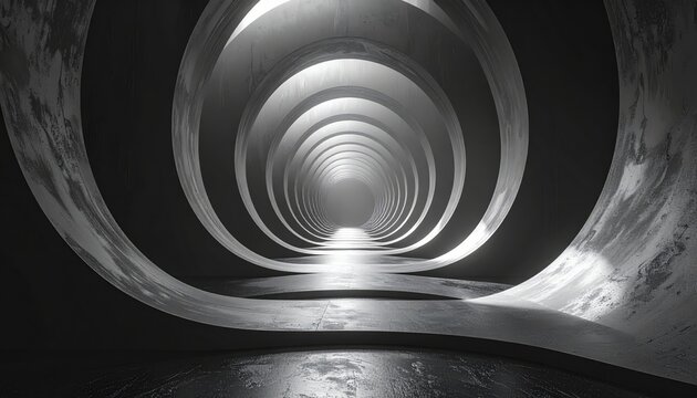 An abstract black and white spiral tunnel background featuring a metallic silver circle pattern with a brushed steel texture resembling a 3D vinyl record design
