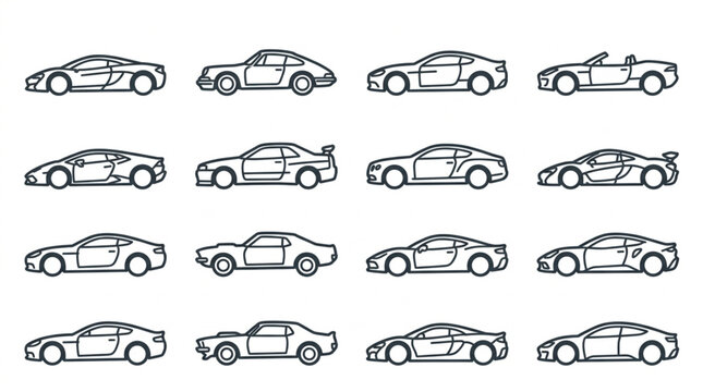 Collection of Sports Car Silhouettes in Line Art Style.
