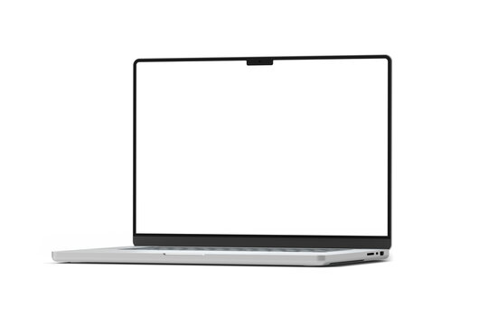 Modern laptop screen isolated on transparent background with shadows. Silver color. Side view of a modern computer. 3d rendering