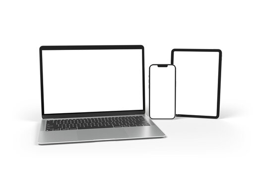 Devices screens isolated on transparent background. Smartphone, tablet and laptop mockup. 3d rendering