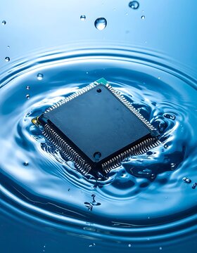 A computer chip submerged in water with ripples