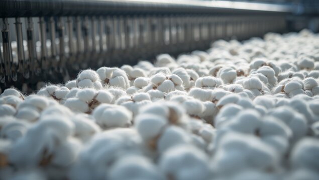 Raw Cotton Fibers In Textile Factory Processing Close Up