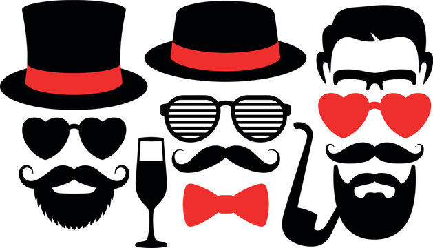 Gentleman retro photobooth props set collection with hats sunglasses mustache and bowtie vector illustration