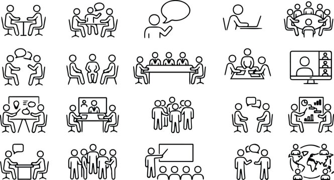 Business meeting scenarios office discussion video call and global teamwork outline icon set