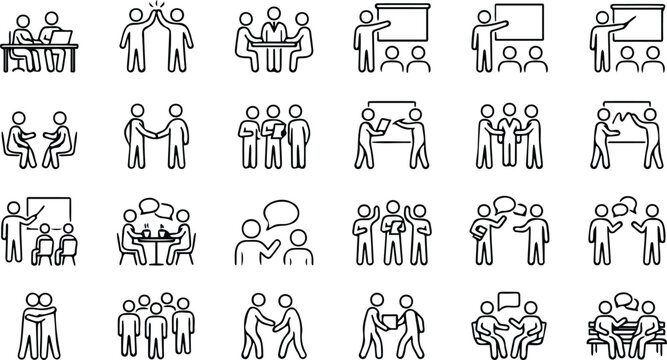 Business people interaction handshake presentation coaching and conversation outline icon set vector