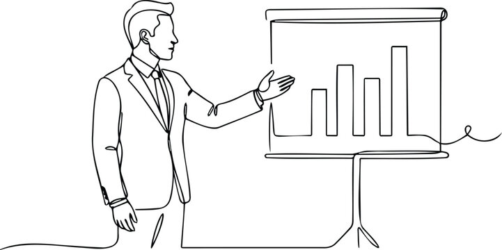 Businessman presenting bar chart growth data on whiteboard in continuous line art style