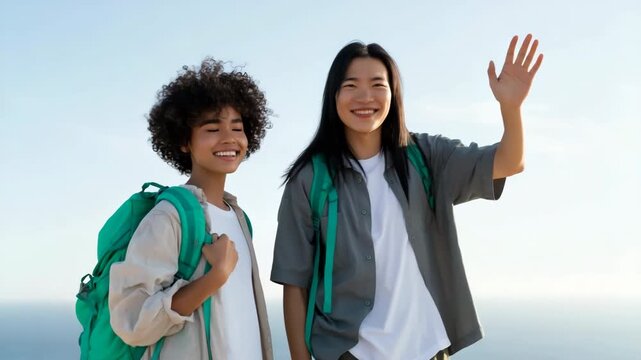Two young women waving with backpacks on ocean cliff