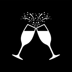 Two white champagne flutes clinking together with bursting confetti and bubbles, a minimalist vector illustration on a black background
