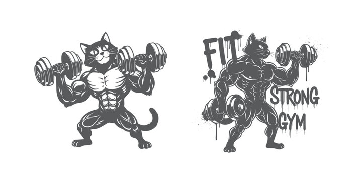 Muscular cats lifting dumbbells in gym setting with fitness theme