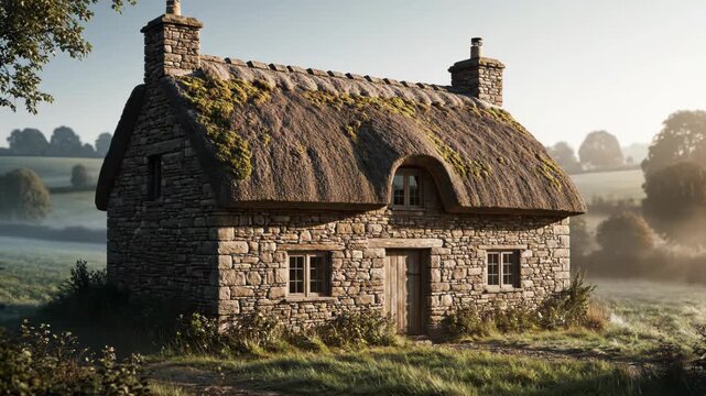 A digital wireframe of a cottage materializes into a rustic home. This animation visualizes the construction of a charming rural dwelling.