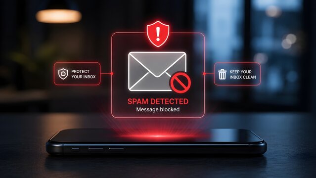 Smartphone projecting a holographic spam detected warning message indicating a blocked email and inbox protection protocols