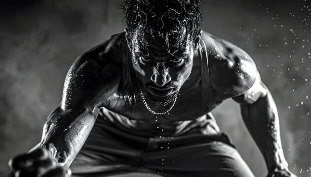 Intense krump dancer performs aggressive movement with powerful gestures and fierce emotion captured in gritty high contrast black and white generative AI