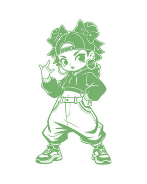 A green cartoon girl with a backwards cap and hand gesture