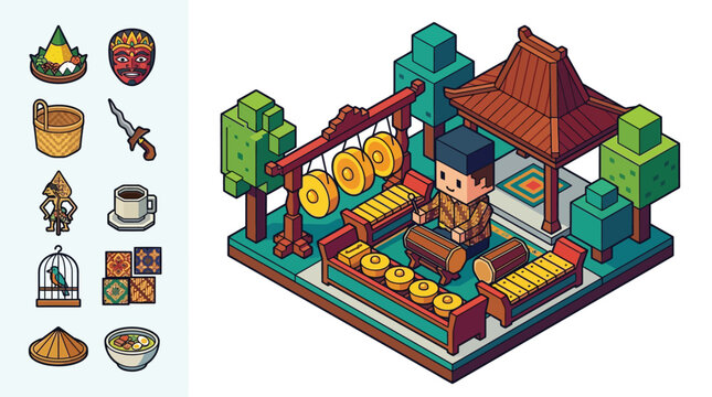Isometric vector illustration of Indonesian culture featuring a musician playing gamelan instruments near a Joglo house, including icons of wayang, kris, batik, and traditional food.