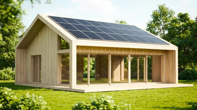 A modern wooden house with solar panels is rendered from a sketch. This eco-friendly home sits beautifully in a green, sunny landscape.