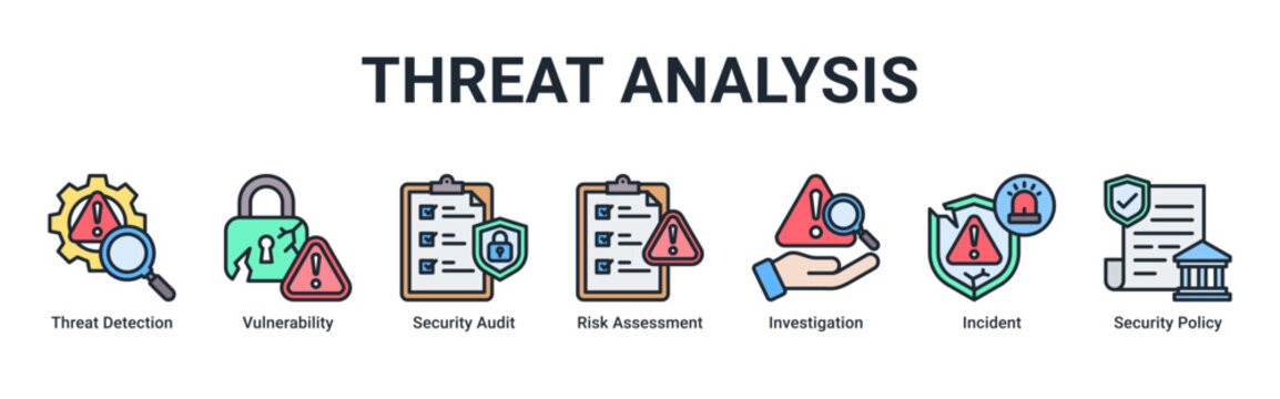 Threat Analysis web banner icon vector illustration with icons of Threat Detection, Vulnerability, Security Audit, Risk Assessment, Investigation, Incident and Security Policy