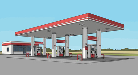 Modern Gas Station with Red and White Canopy, Fuel Pumps, and Building © fiyan