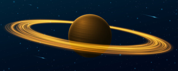 Planet Saturn with swirling glowing rings around into deep space with shining stars. Abstract cosmic background related to astronomy, astrophysics and universe visuals. Vector illustration. © sersupervector