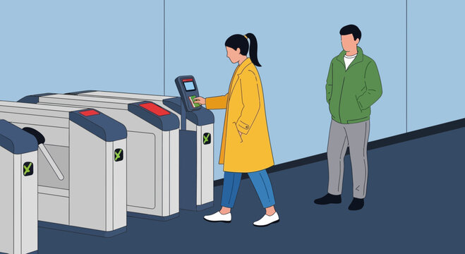 Woman using ticket gate, man waiting, public transport concept, modern illustration