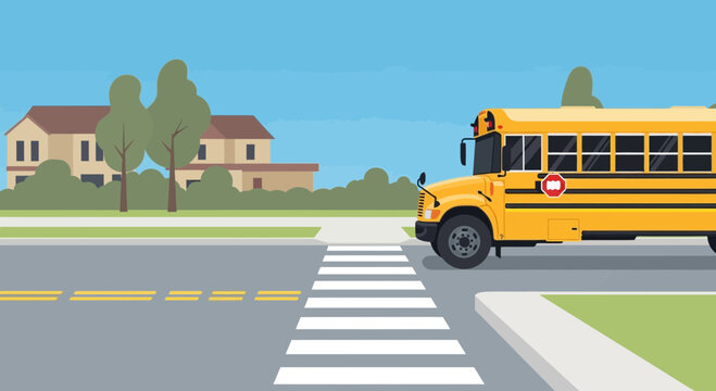 Yellow school bus on a street with houses and trees, crossing a pedestrian walkway.