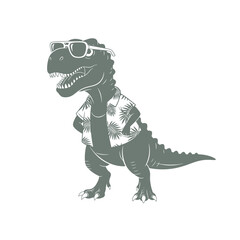 A gray dinosaur wearing sunglasses and a hawaiian shirt standing alone © MDSaidul