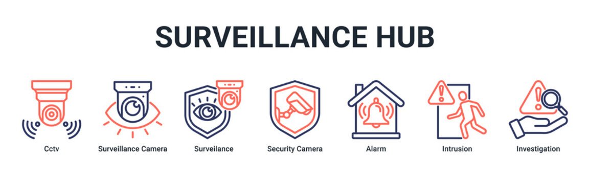 Surveillance Hub web banner icon vector illustration with icons of Cctv, Surveillance Camera, Surveilance, Security Camera, Alarm, Intrusion and Investigation