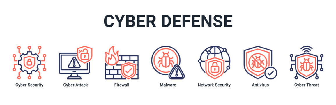 Cyber Defense web banner icon vector illustration with icons of Cyber Security, Cyber Attack, Firewall, Malware, Network Security, Antivirus and Cyber Threat